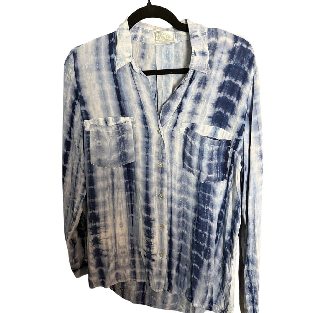 Heroes & Dreamers Blue Tie Dye Rayon Button Front Blouse Small Long Sleeve Shirt